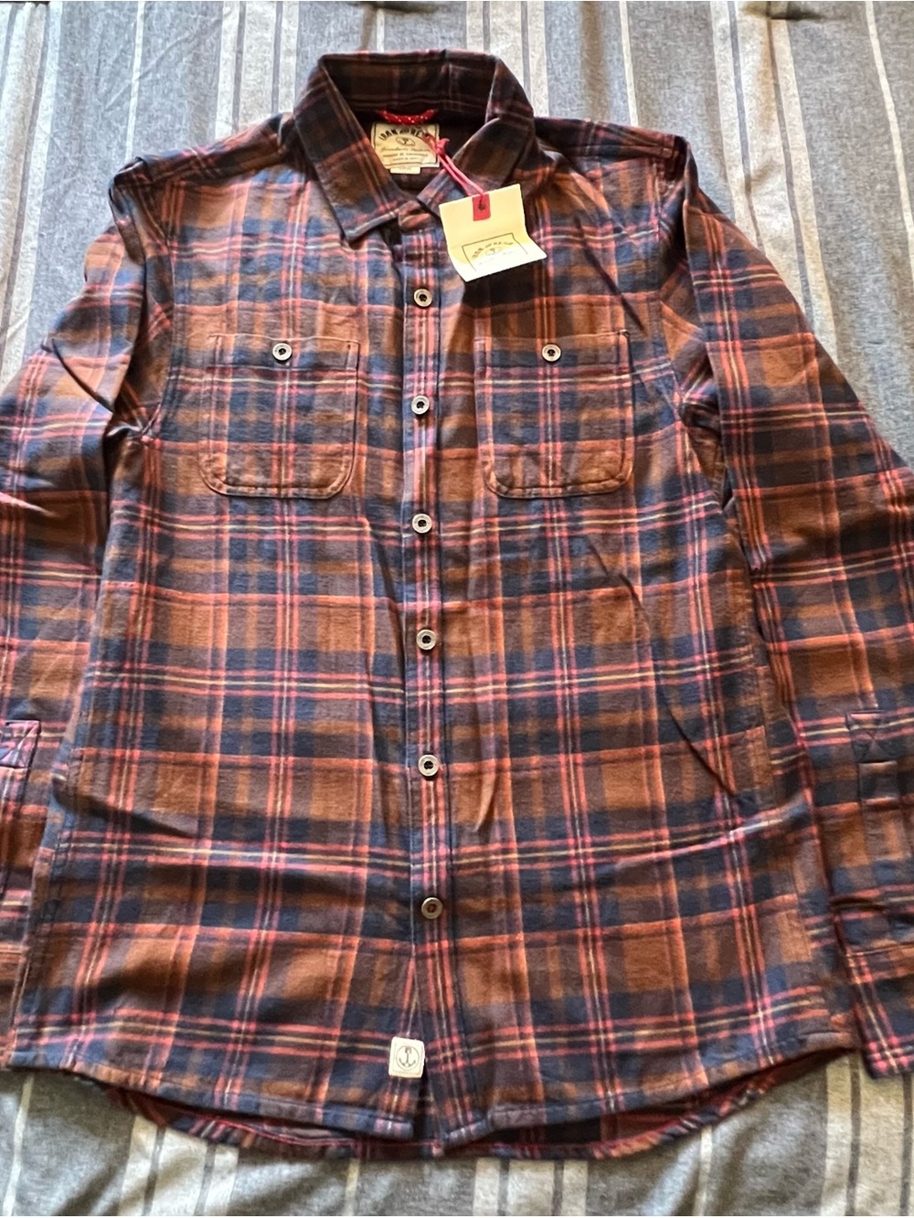 Iron & Resin Mens Large Brown and Navy Plaid Casual Button-Down Shirt